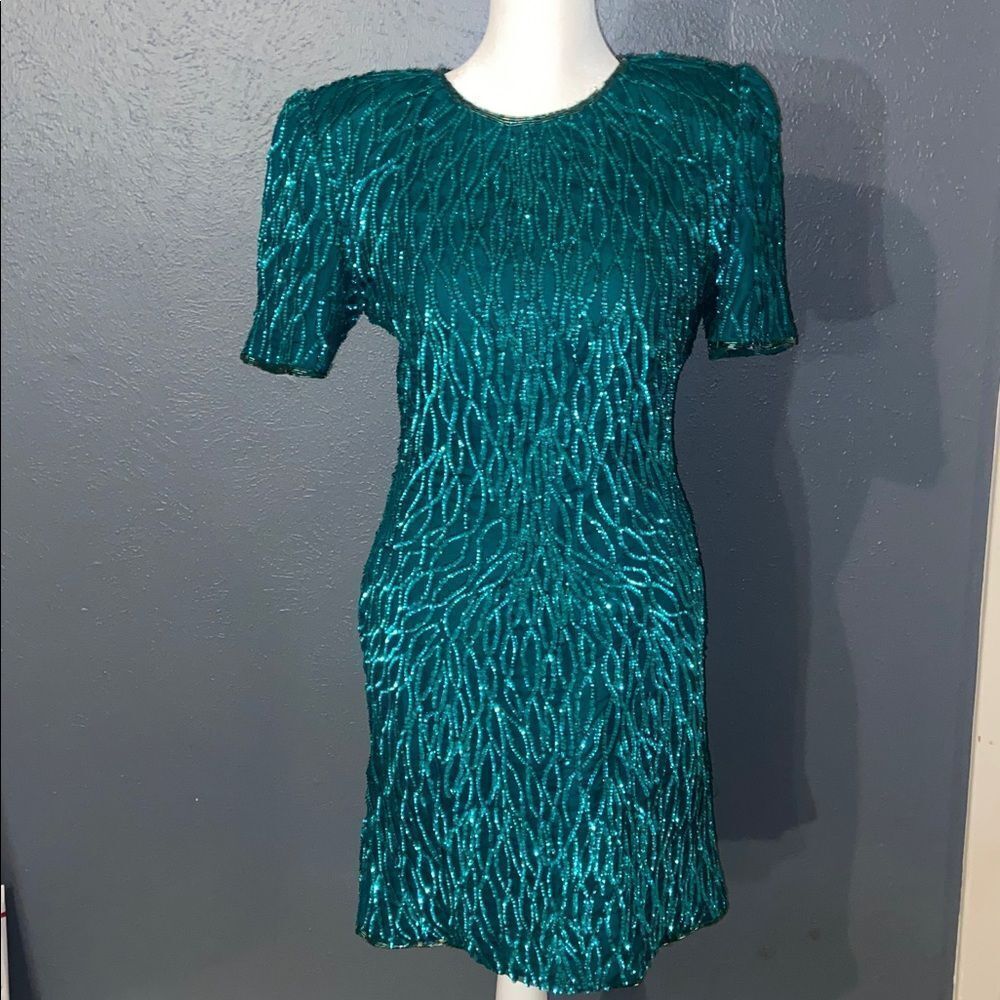 Vintage Laurence Kazar green Sequin Dress Petite small Stunning!